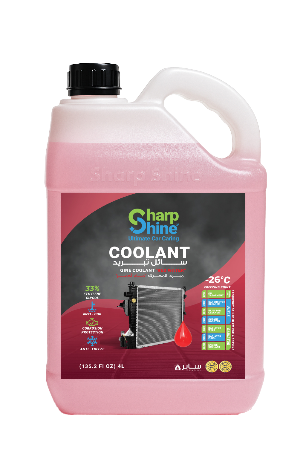 Sharp Shine Engine Coolant - Red water (33% Concentration) - 4 Litres